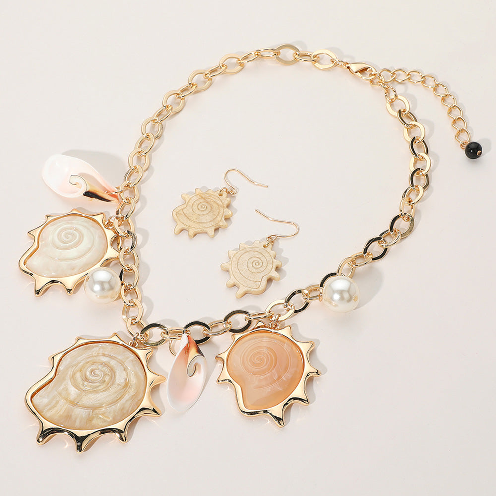 Neutral Resin Shell Pearl Charm Station Statement Necklace