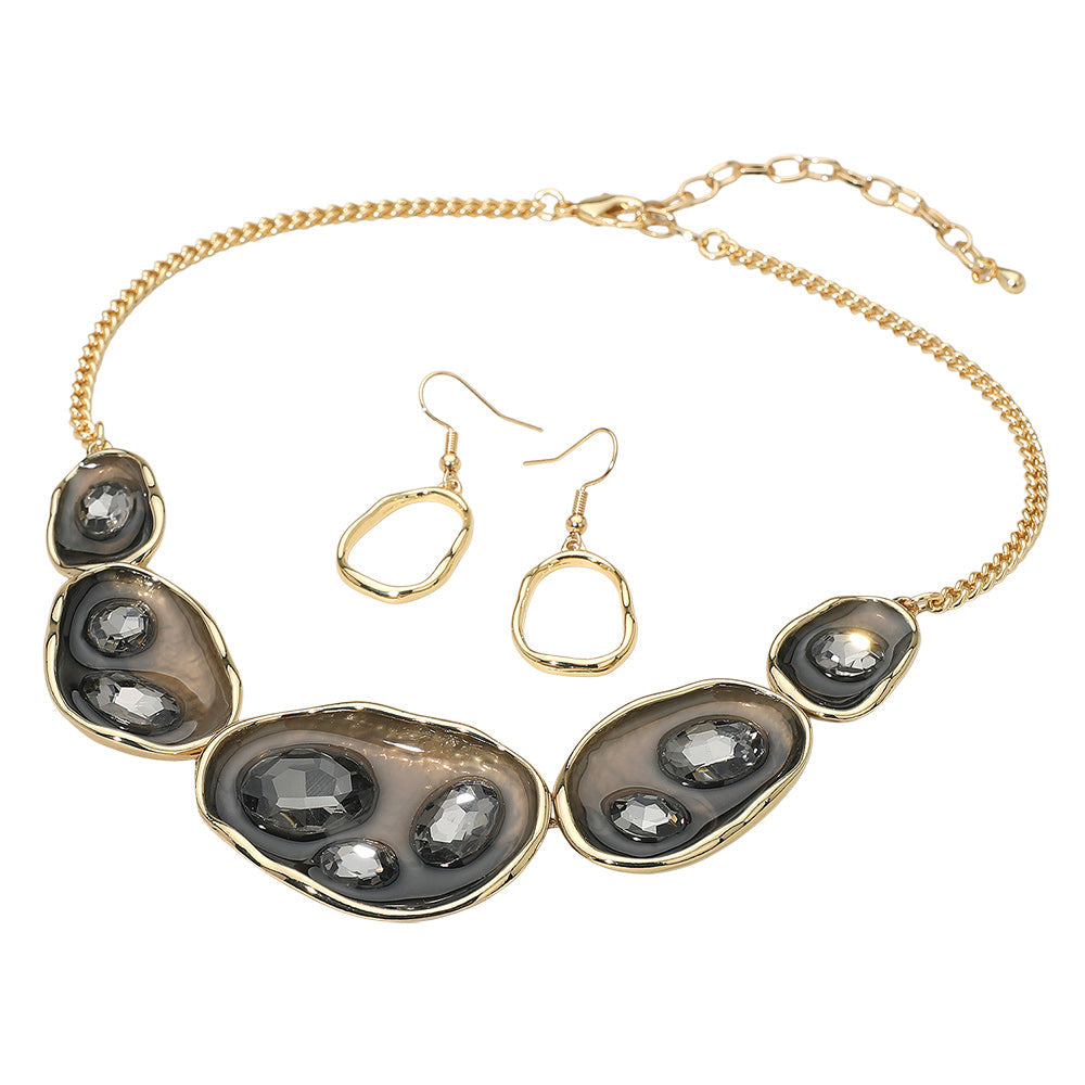 Madeline Love Black, Gold Abstract Gemstone Embellished Enamel Oval Plate Link Statement Necklace - Necklaces - desc