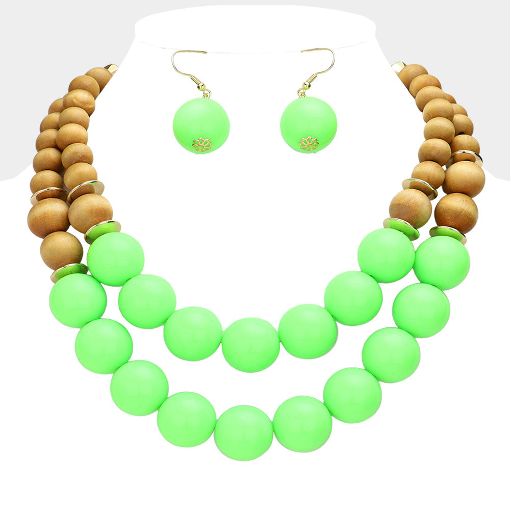 Madeline Love Green, Neon Wood Ball Double Strand Statement Necklace - Necklaces