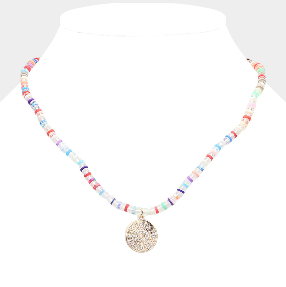 Madeline Love Multi Evil Eye Accented Rhinestone Embellished Round Pendant Beaded Necklace - Necklaces
