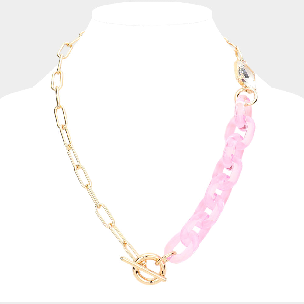 Madeline Love Pink Square Stone Open Oval Resin Link Toggle Necklace - Necklaces
