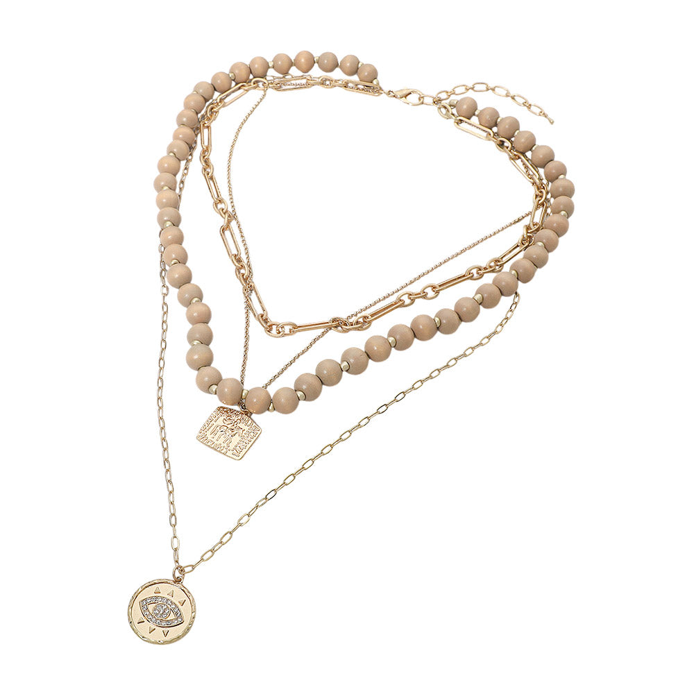 Madeline Love Neutral Round Evil Eye Square Pendant Wooden Beaded Multi Layered Necklace - Necklaces - desc