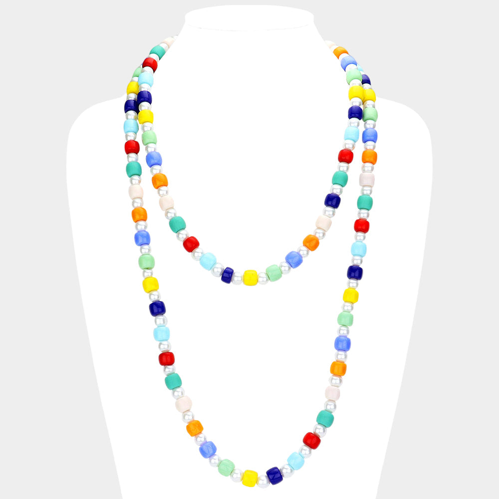 Madeline Love Multi Colorful Bead Pointed Pearl Double Layered Bib Necklace - Necklaces