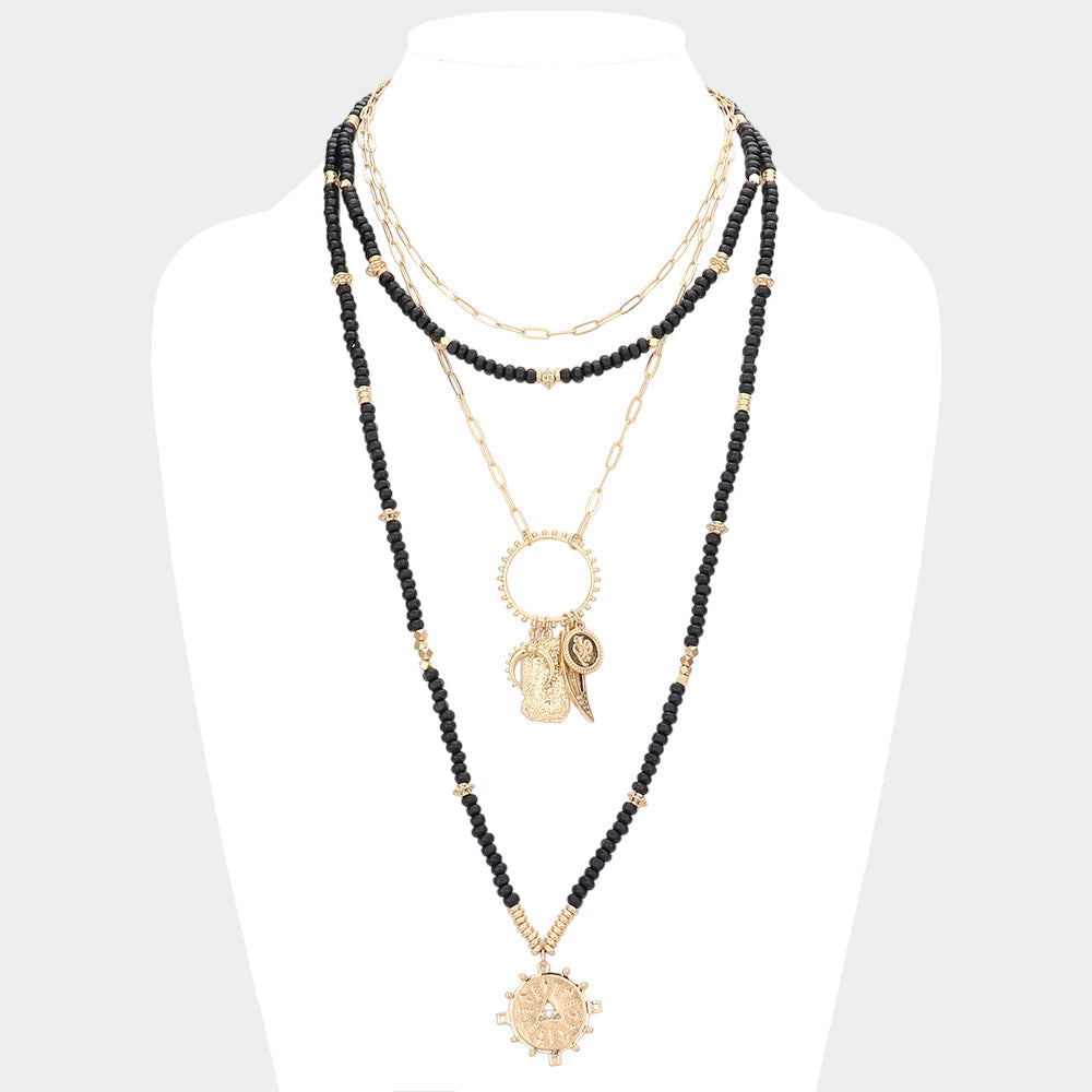 Madeline Love Black Double Horn Evil Eye Centered Pendant Wood Beaded Multi Layered Necklace - Necklaces