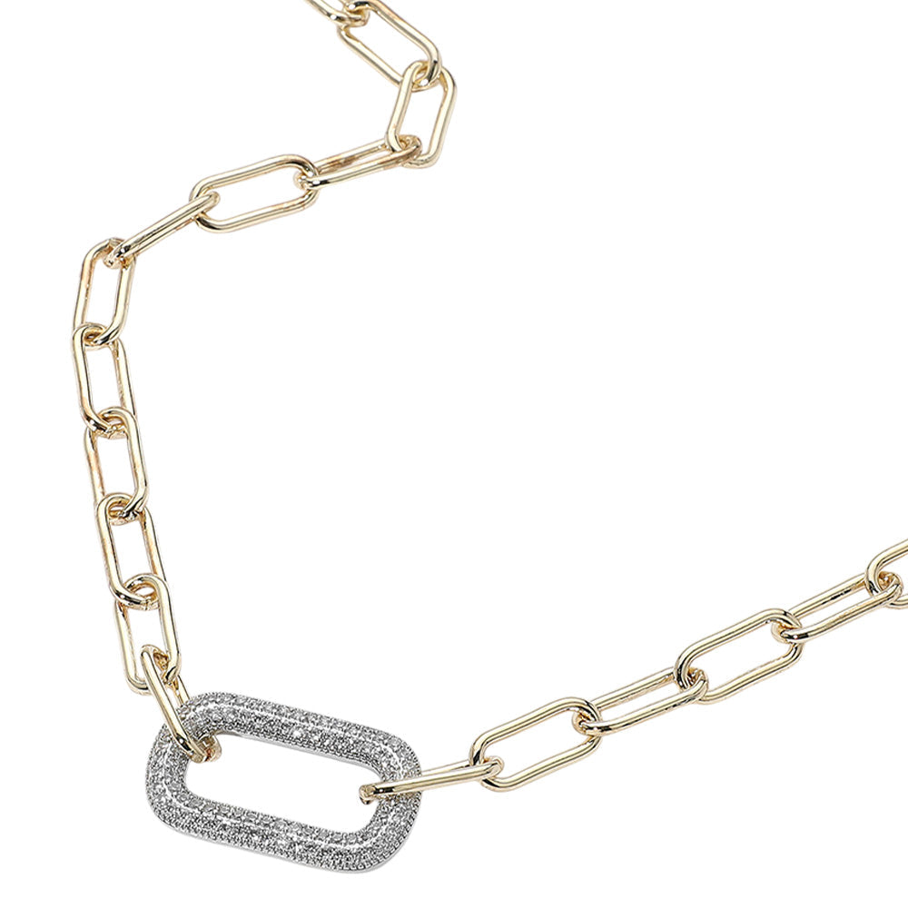 Madeline Love Gold, Rhodium 14K Gold Plated CZ Stone Paved Oval Pendant Link Paperclip Chain Necklace - Necklaces - desc