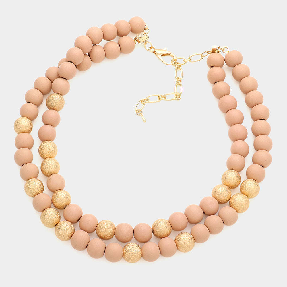 Pink Brass Metal Wood Ball Double Layered Necklace