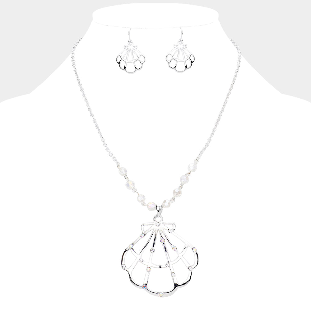 Madeline Love Silver Stone Embellished Cut Out Metal Shell Pendant Necklace - Necklaces