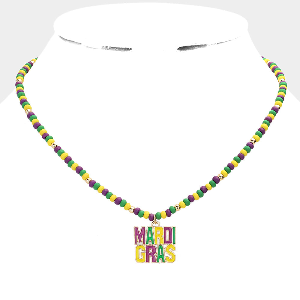 Multi Mardi Gras Message Pendant Wood Ball Necklace
