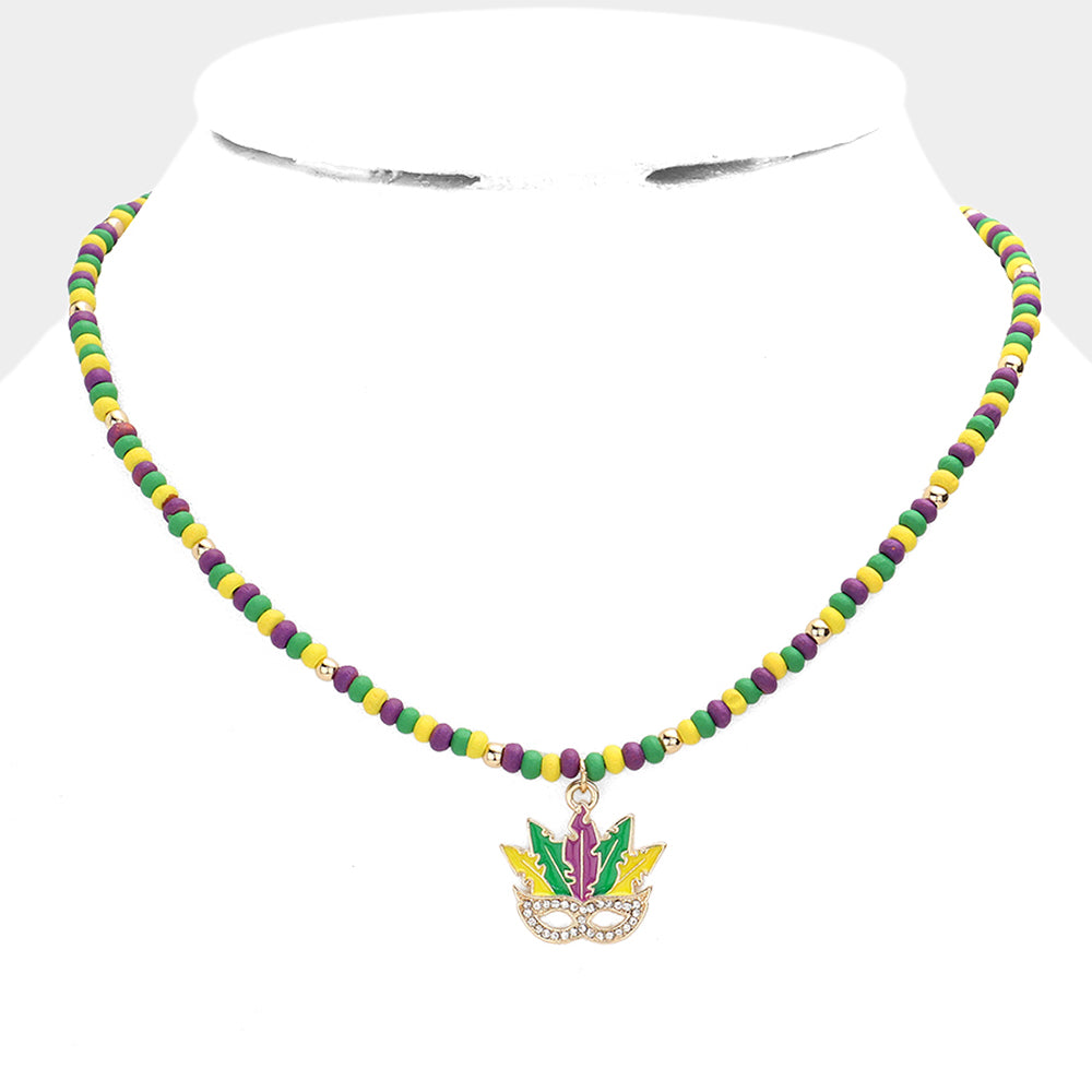Multi Mardi Gras Mask Pendant Wood Ball Necklace