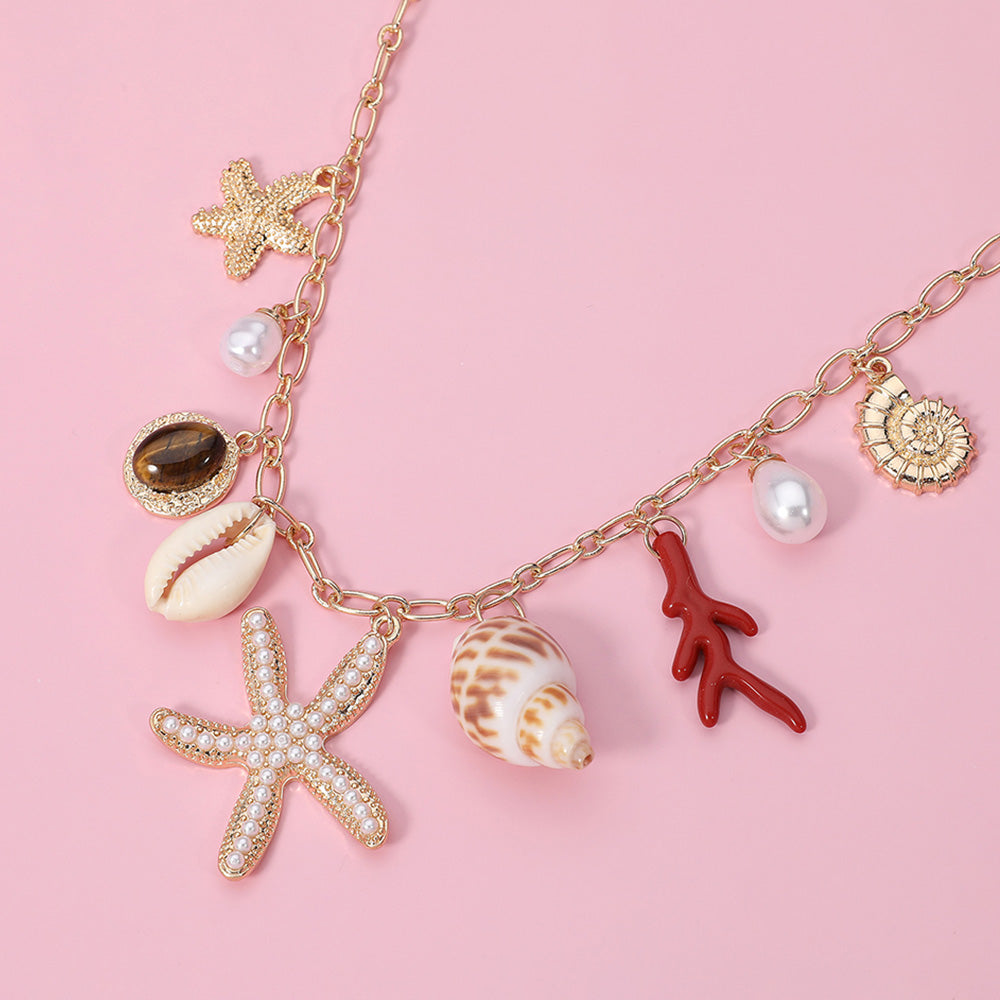 Madeline Love Cream, Gold Pearl Starfish Shell Pearl Charm Station Necklace - Necklaces