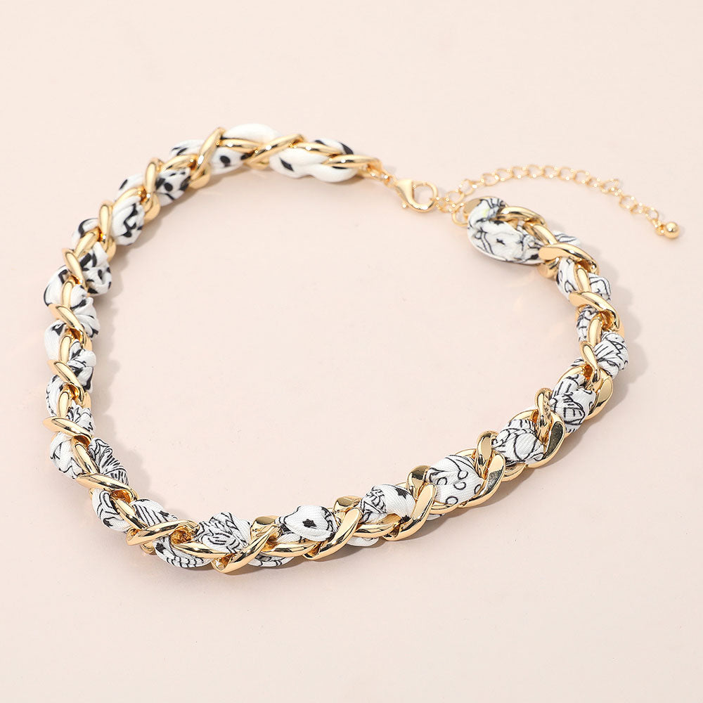 Madeline Love Gold, White Fabric Scarf Metal Chain Wrap Necklace