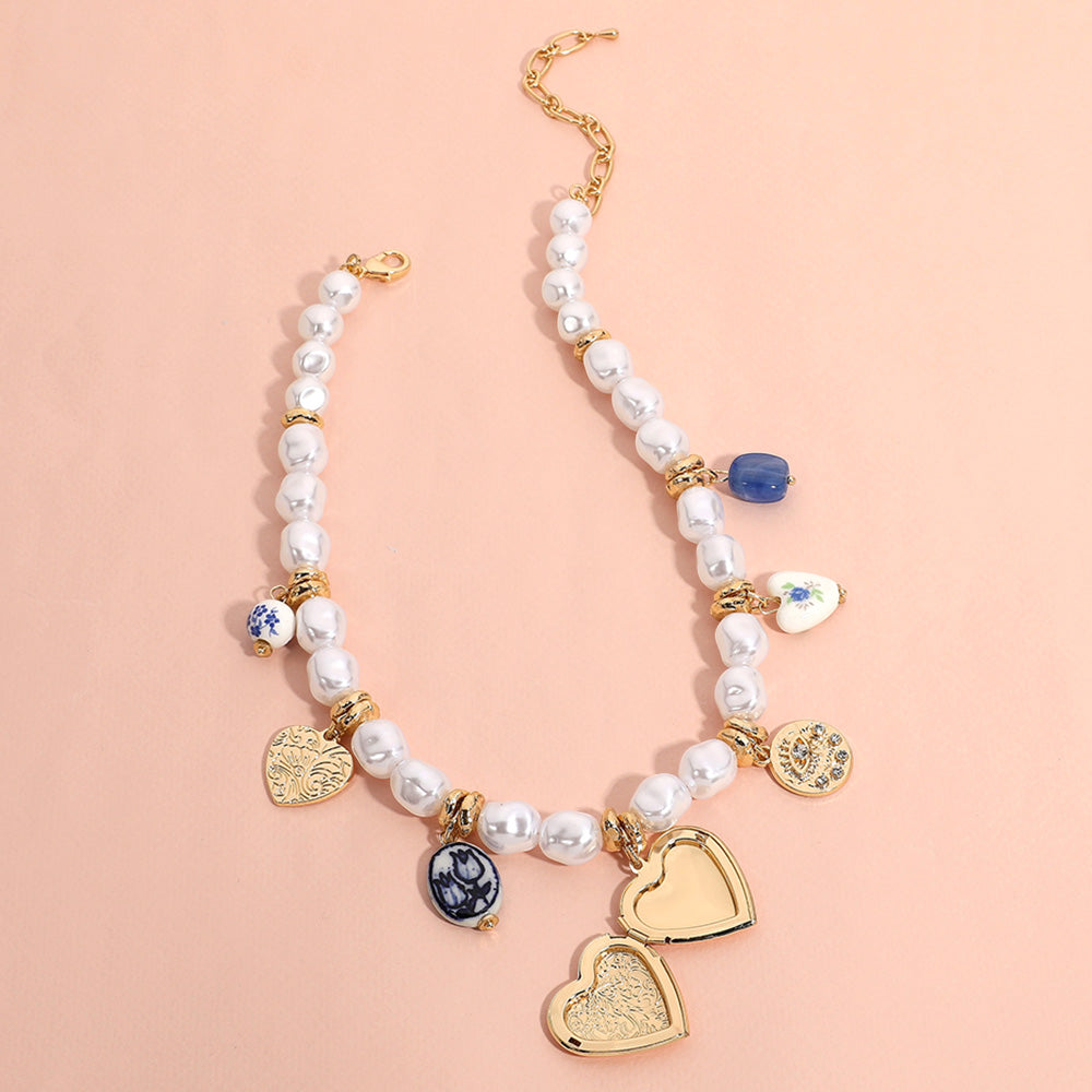 Metal Heart Locket Ceramic Ball Heart Evil Eye Charm Station Pearl Necklace - Gold - Necklaces