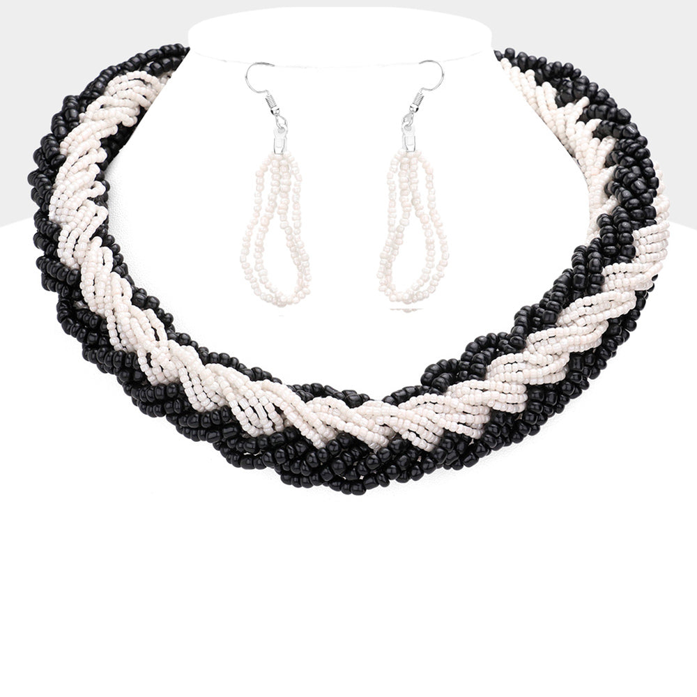 Madeline Love Black Braided Two Tone Seed Beaded Necklace - Necklaces