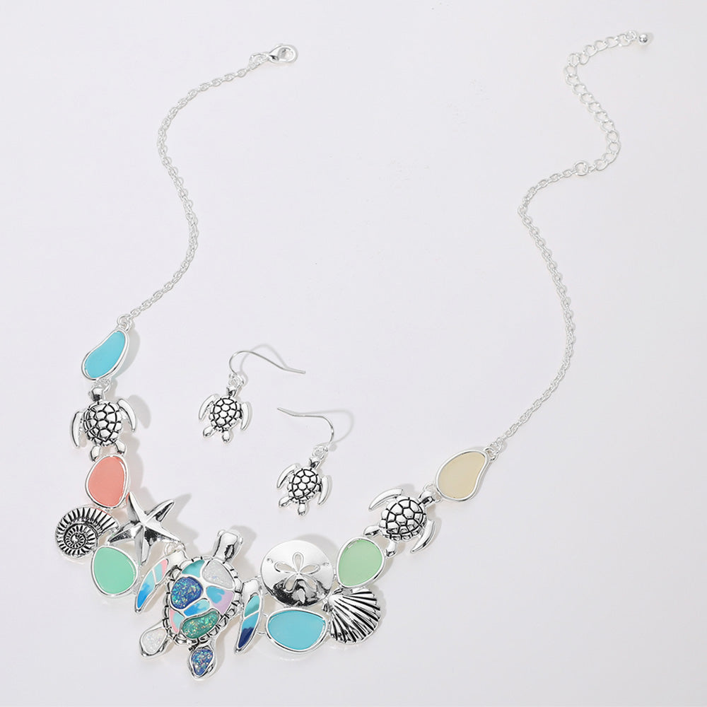 Madeline Love Antique Silver, Multi Sea Glass Sea Turtle Metal Seashell Sand Dollar Starfish Embellished Necklace - Necklaces - extra
