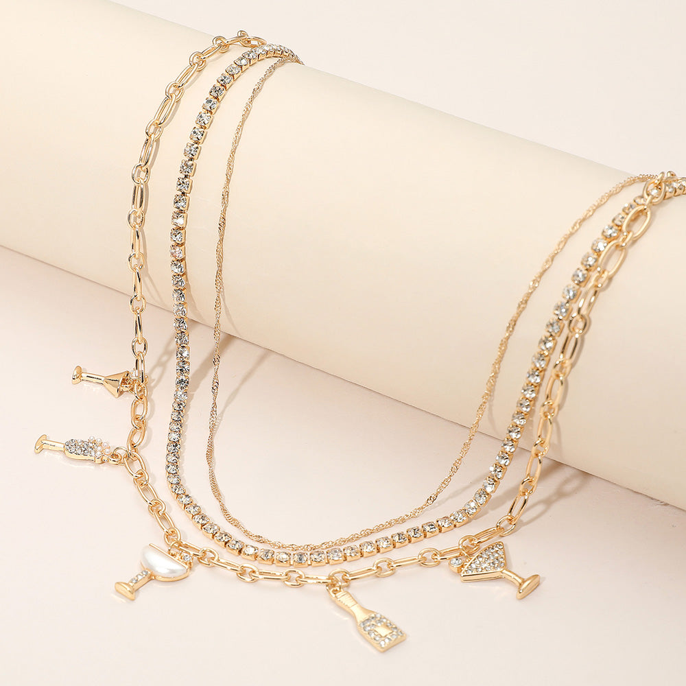 Madeline Love Clear, Gold Rhinestone Pearl Embellished Drink-themed Charm Station Layered Chain Necklace - Necklaces