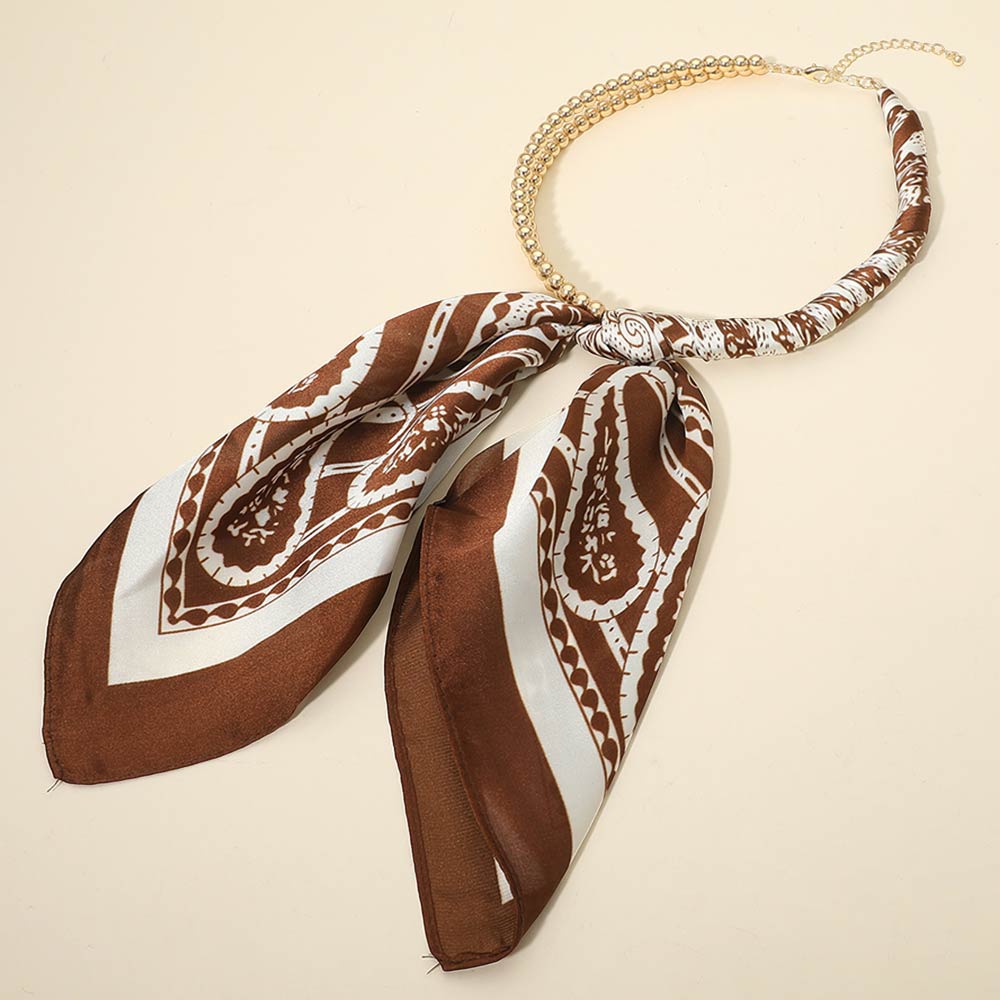 Madeline Love Dark Brown, Gold Abstract Pattern Fabric Scarf Double Bubble Chain Necklace - Necklaces