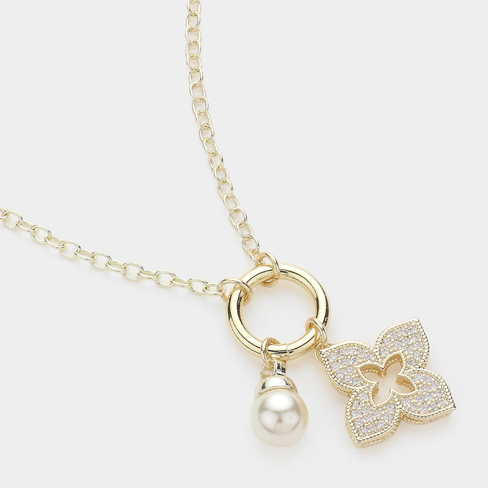Madeline Love Gold 14K Gold Plated CZ Stone Paved Clover Natural Pearl Charm Pendant Necklace - Necklaces
