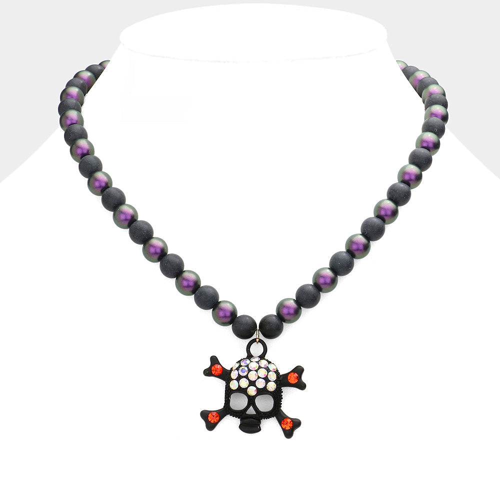 Madeline Love Jet Black, Multi Rhinestone Embellished Skull Pendant Beaded Necklace - Necklaces