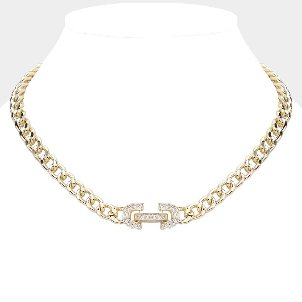 Madeline Love Gold 14K Gold Plated CZ Stone Paved Lock Pointed Chain Necklace - Necklaces