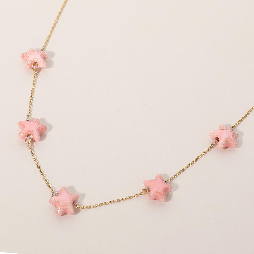 Gold, Pink Ceramic Starfish Station Necklace