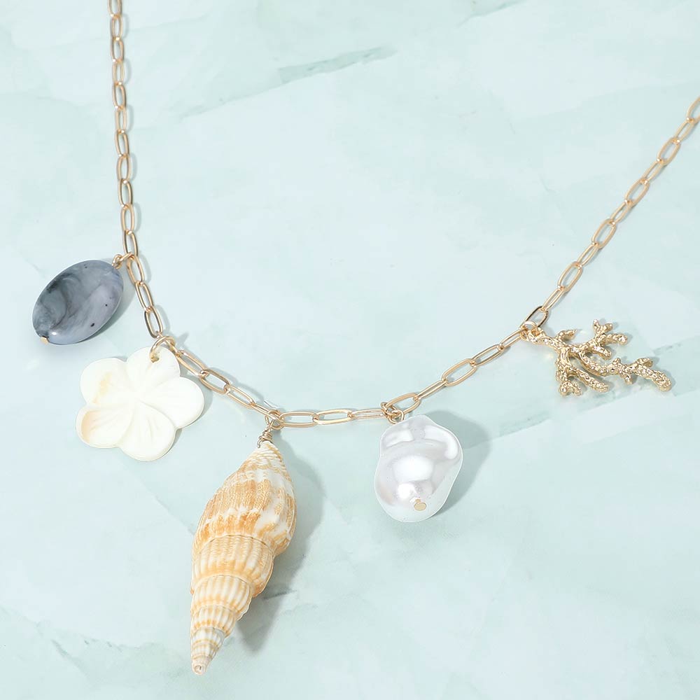 Madeline Love Gold, Multi Seashell Pearl Flower Coral Charm Station Paperclip Chain Necklace - Necklaces