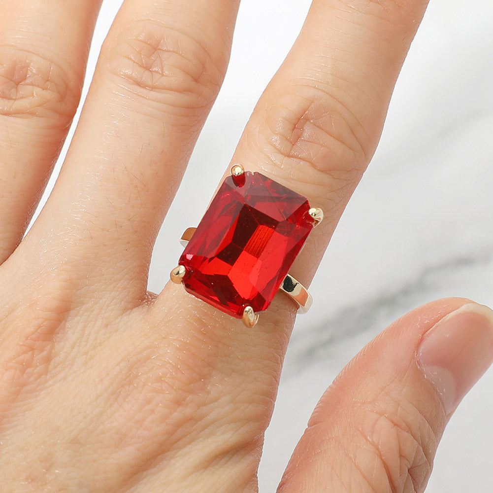 Madeline Love Gold, Red Bold Emerald Cut Stone Cluster Accent Adjustable Ring - Jewelry