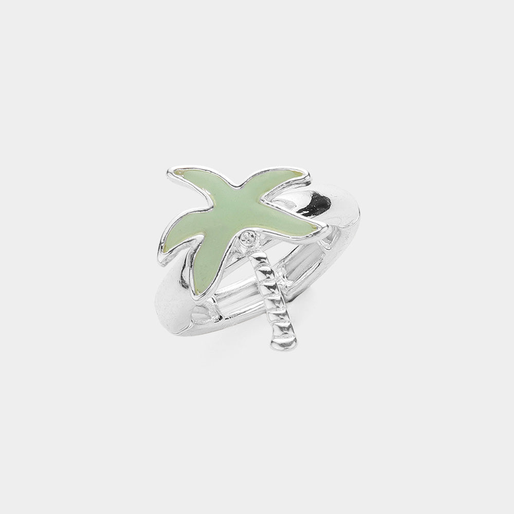 Silver, Turquoise Sea Glass Palm Tree Stretch Ring