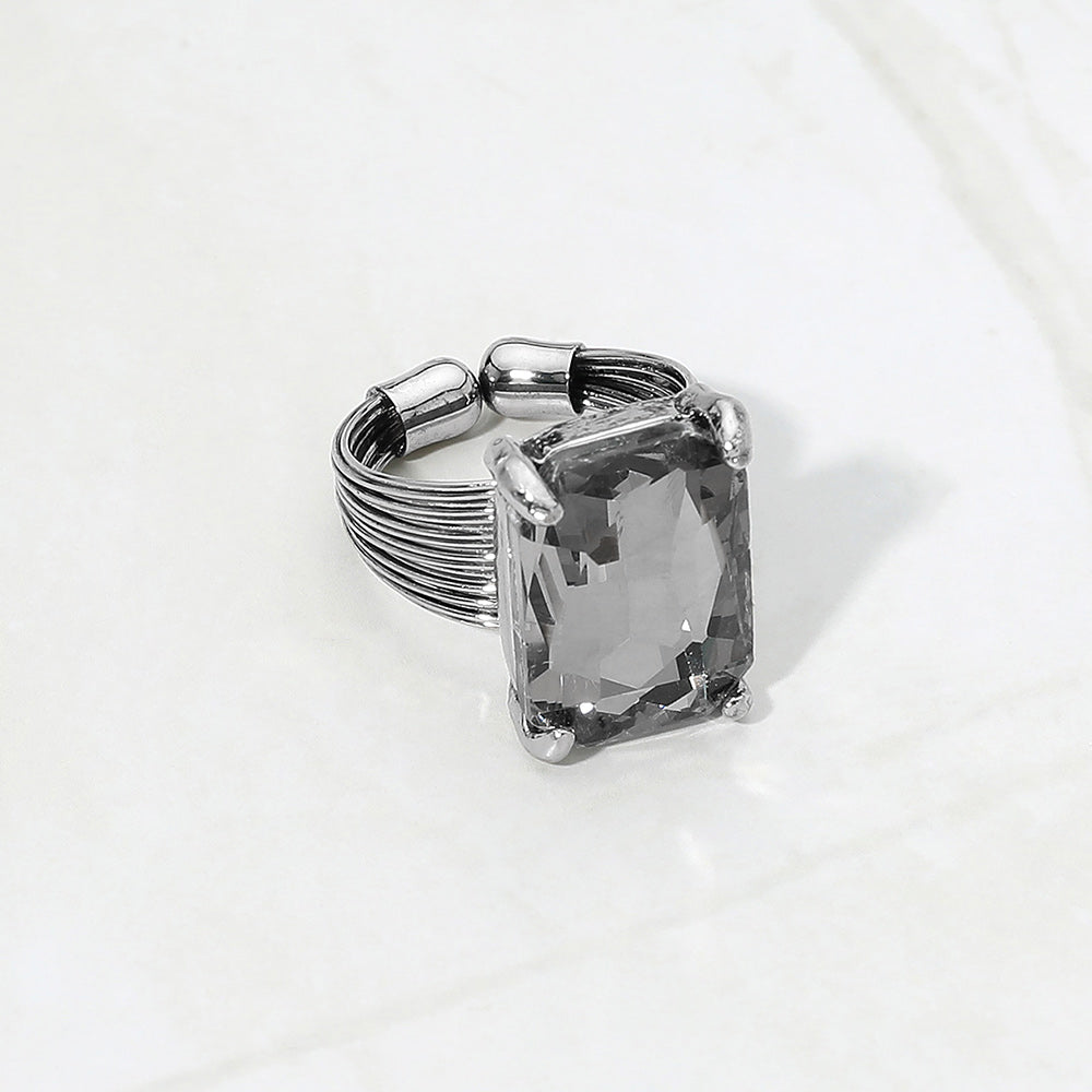 Madeline Love Antique Silver, Black Diamond Emerald Cut Stone Adjustable Ring