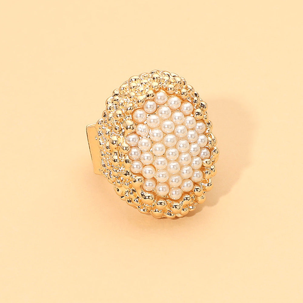 Madeline Love Cream, Gold Pearl Pave Oval Statement Stretch Ring