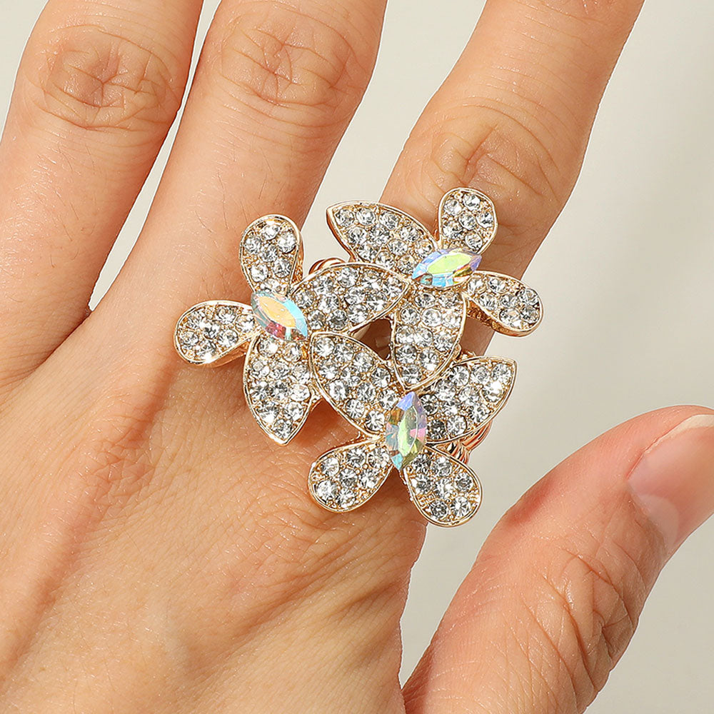 Madeline Love Clear, Gold Rhinestone Paved Triple Butterfly Stretch Ring