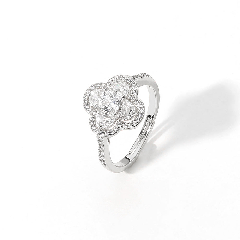 Madeline Love Clear, Silver Quatrefoil Stone Pointed Adjustable Ring