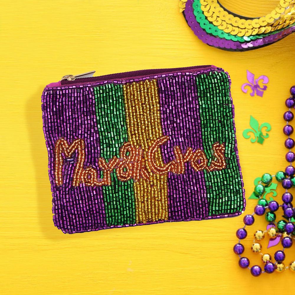 Multi MARDI GRAS Message Seed Beaded Mini Pouch Bag