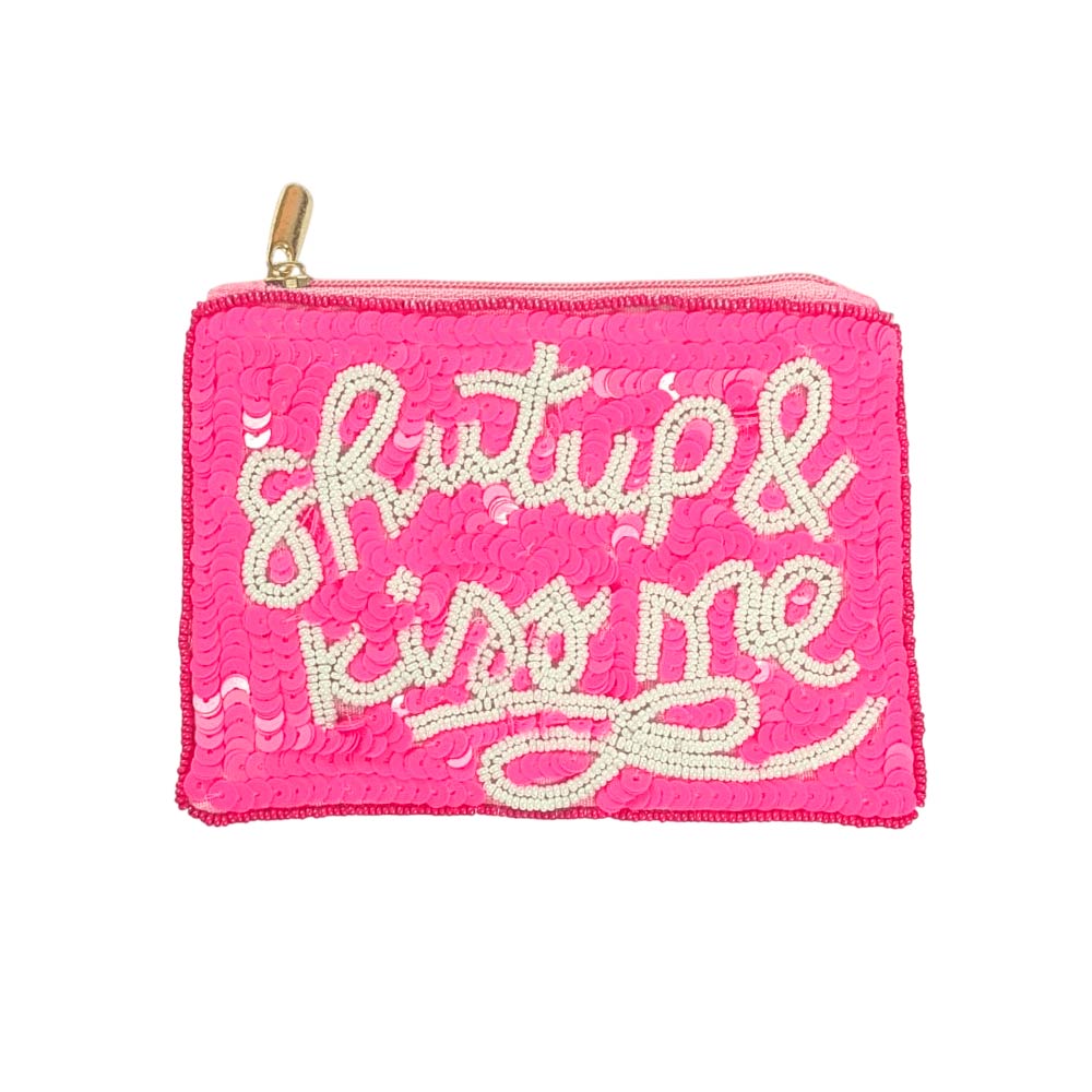 Madeline Love Hot Pink SHUT UP AND KISS ME Message Sequin Seed Beaded Mini Pouch Bag - Bags & Wallets - desc