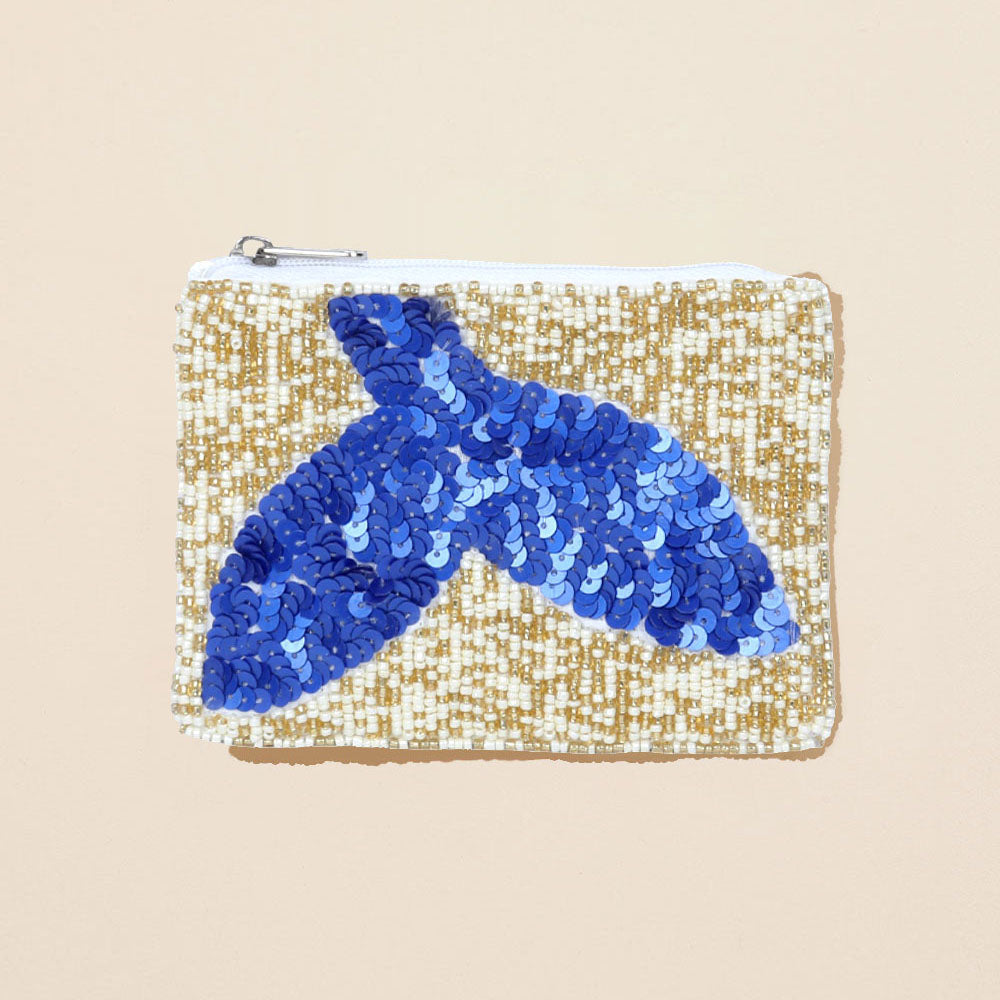 Madeline Love Blue, White Whale Tale Sequin Seed Beaded Mini Pouch Bag - Bags & Wallets