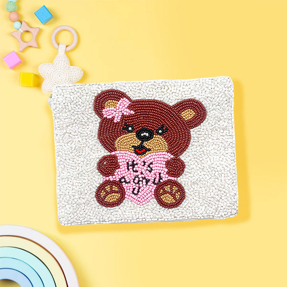 Madeline Love Pink It's a Girl! Message Bear Seed Beaded Mini Pouch Bag - Bags & Wallets