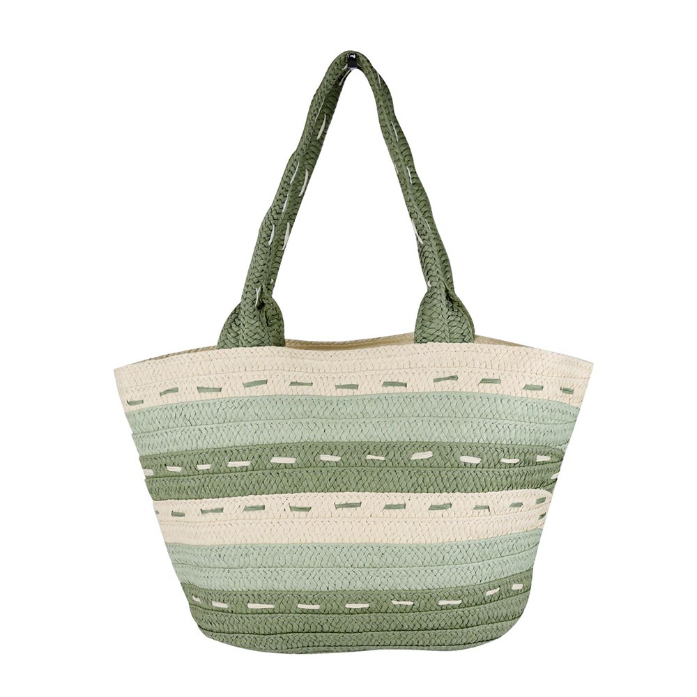 Madeline Love Olive Green Striped Pattern Dotted line Detail Straw Bag - Bags & Wallets - desc