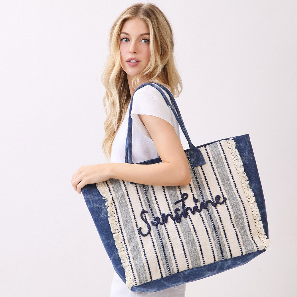 Madeline Love Navy Vintage SUNSHINE Message Stripe Fringe Tote Bag - Bags & Wallets