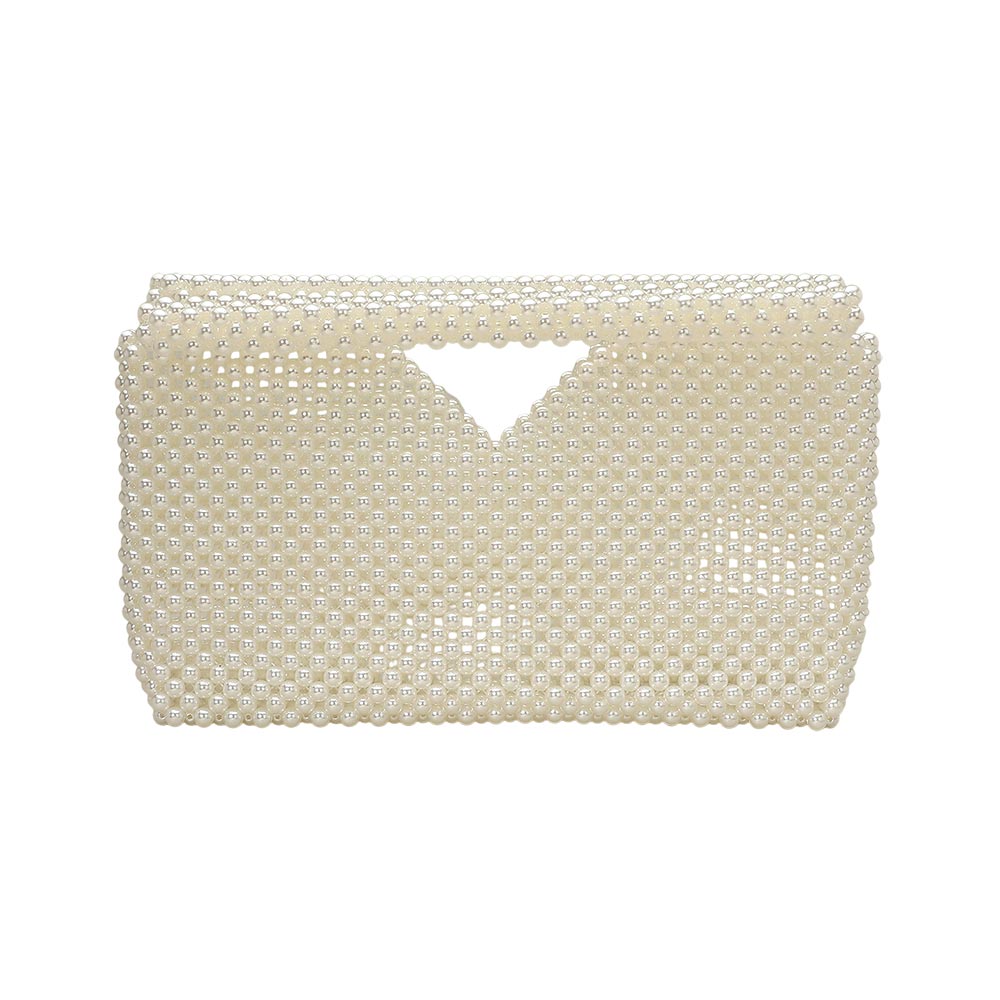 Madeline Love Cream, Gold Pearl Beaded Open Top Clutch Bag - Bags & Wallets - extra