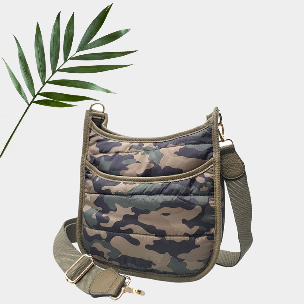 Madeline Love Khaki Camouflage Quilted Shiny Puffer Mini Crossbody Bag - Bags & Wallets