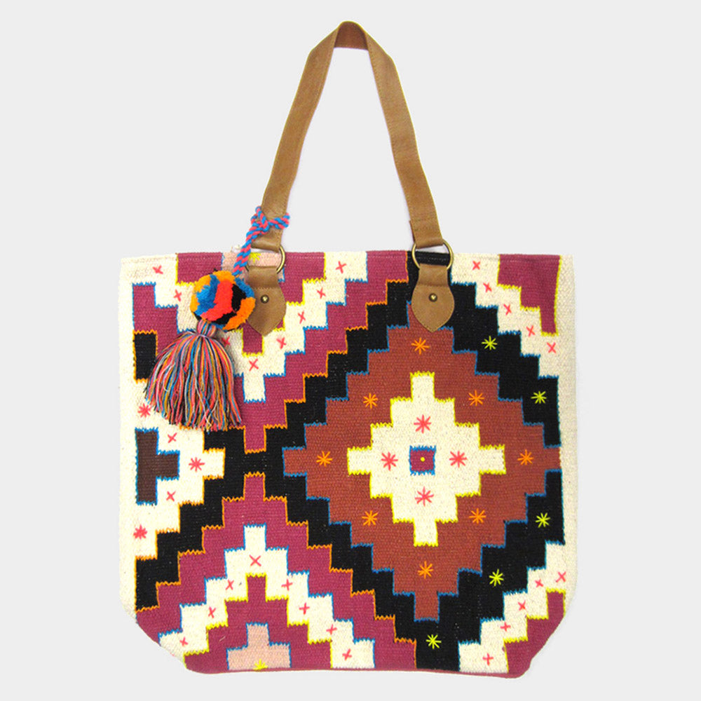 Madeline Love Multi Aztec Pattern Pom-Tassel Tote Bag - Bags & Wallets
