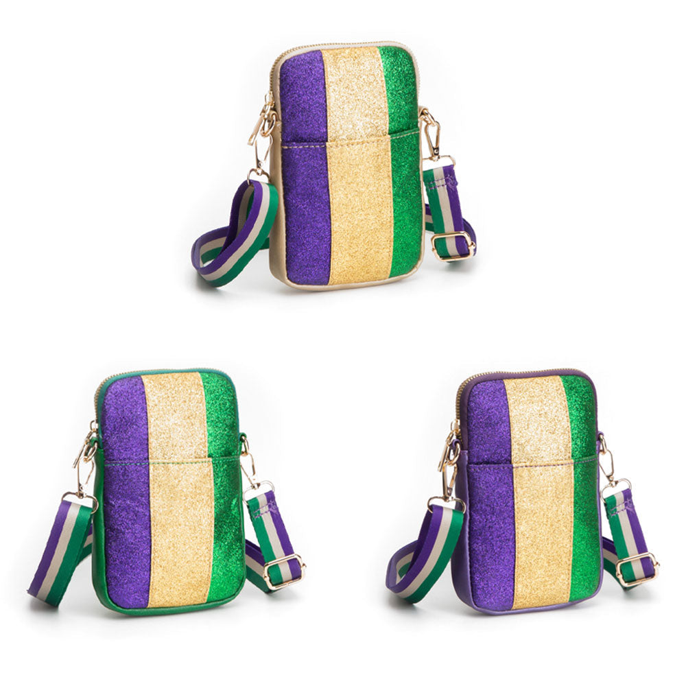 Gold Faux Leather Mardi Gras Sparkle Front Small Crossbody Bag