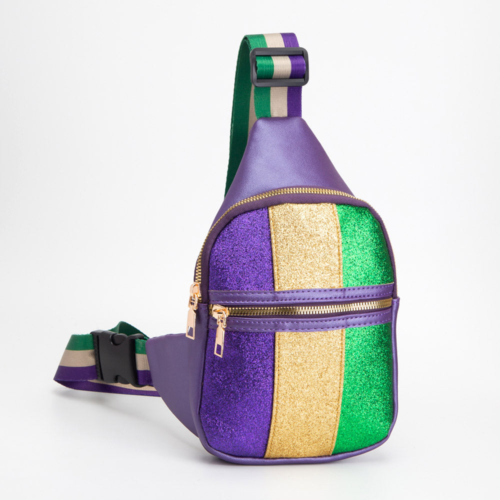Purple Faux Leather Mardi Gras Sparkle Front Sling Bag