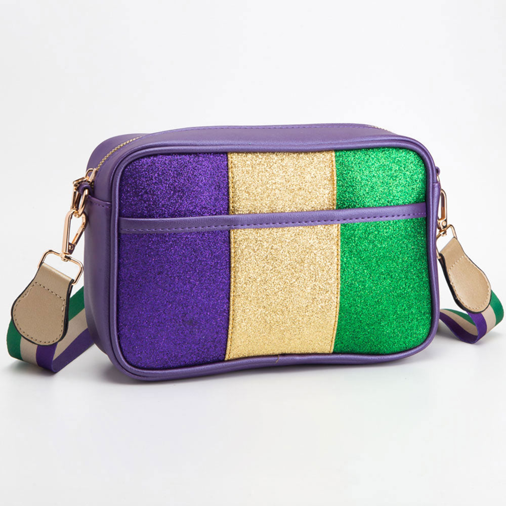 Purple Faux Leather Mardi Gras Sparkle Front Rectangle Crossbody Bag