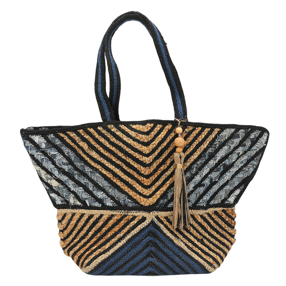 Madeline Love Multi Chevron Woven Wooden Tassel Straw Tote Bag - Bags & Wallets - desc