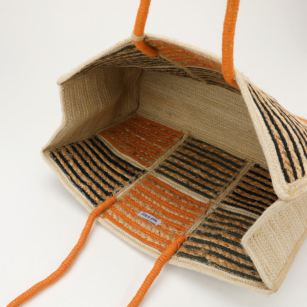 Madeline Love Multi, Orange Woven Color Block Stripe Wooden Tassel Straw Tote Bag - Bags & Wallets - extra