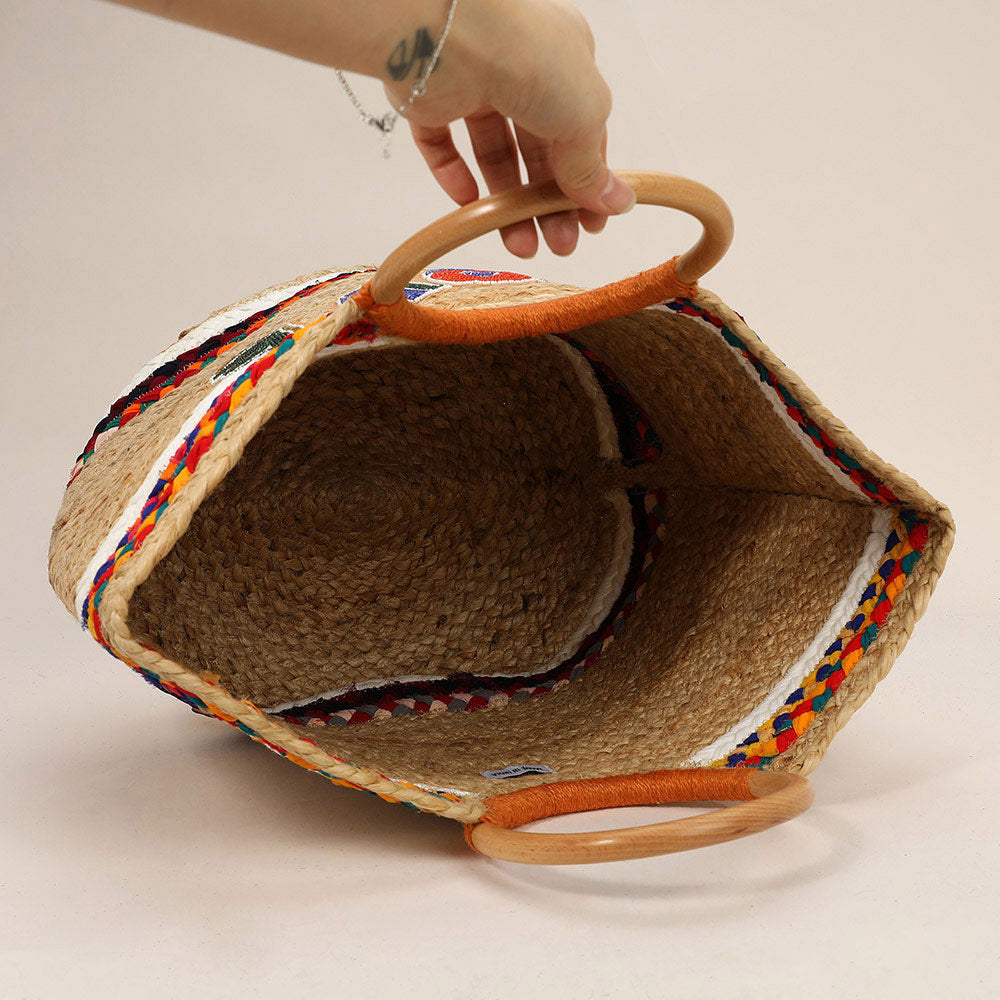 Madeline Love Multi Seed Beaded LOVE Message Pointed Wooden Handle Jute Handbag - Bags & Wallets - extra