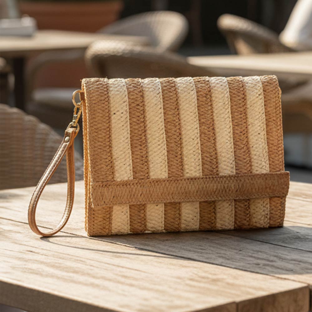 Madeline Love Khaki Striped Woven Foldover Wristlet Clutch Crossbody Bag - Bags & Wallets