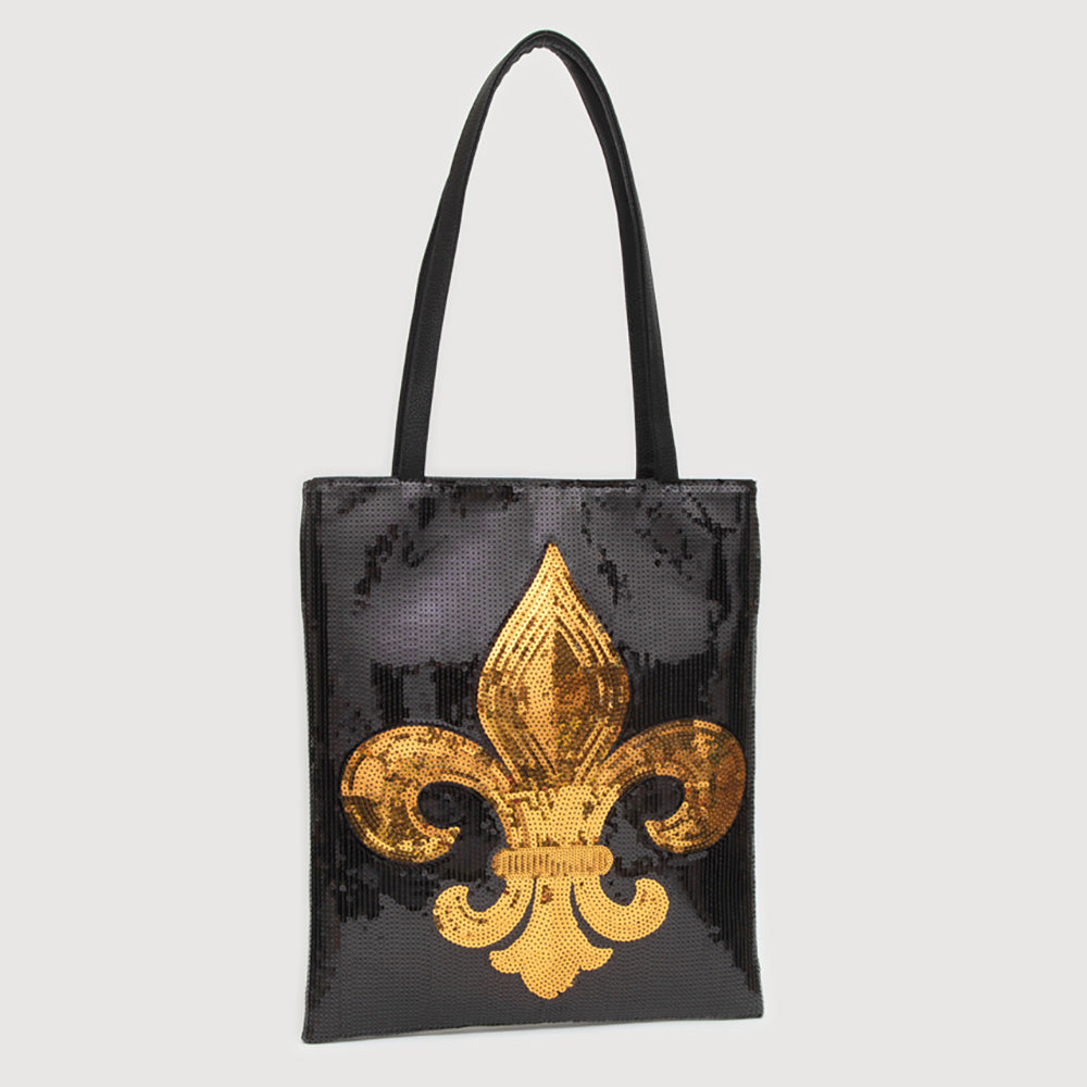 Black Fleur de Lis Sequin Front Tote Bag