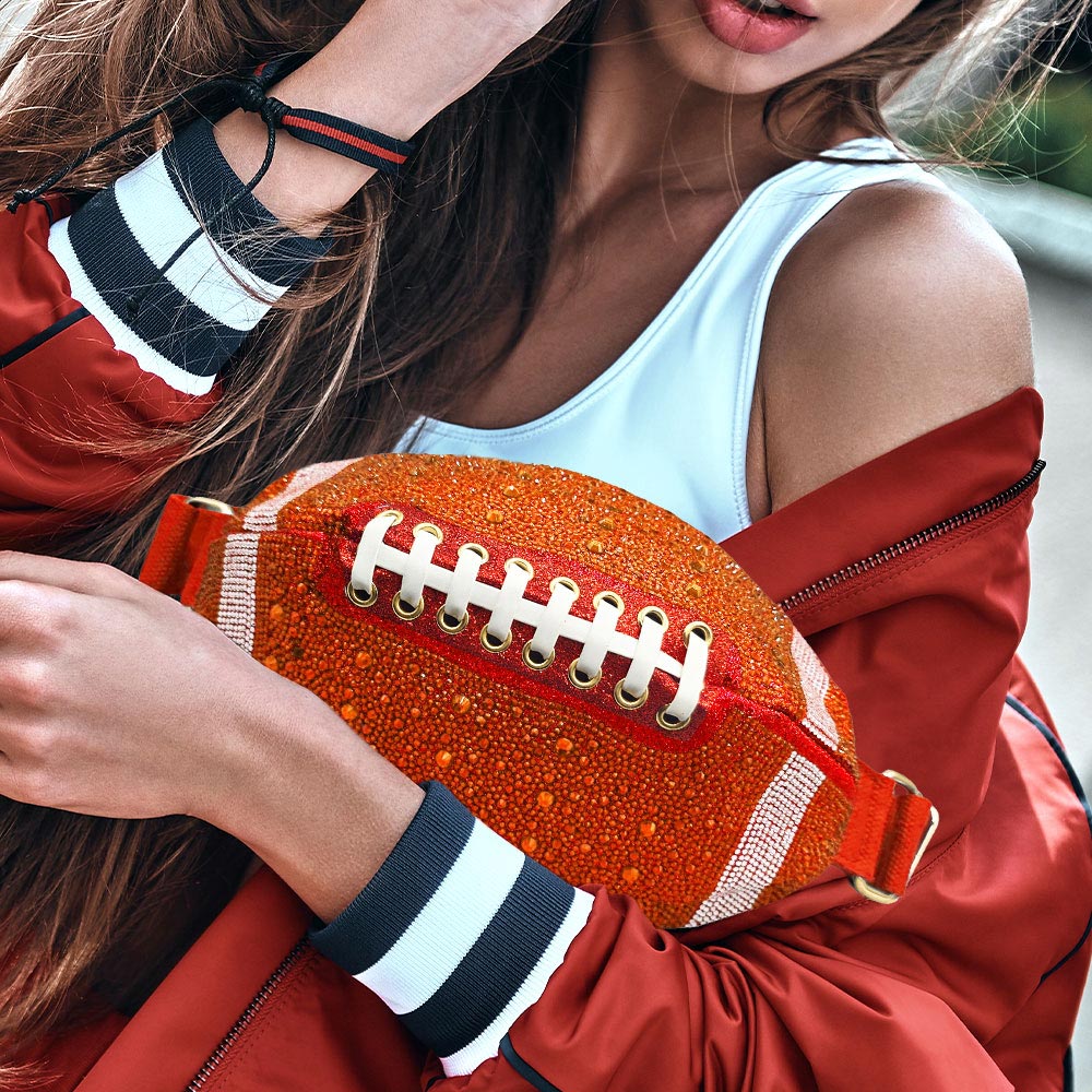 Madeline Love Orange Bling Studded Game Day Football Shape Fanny Pack Sling Bag - Bags & Wallets