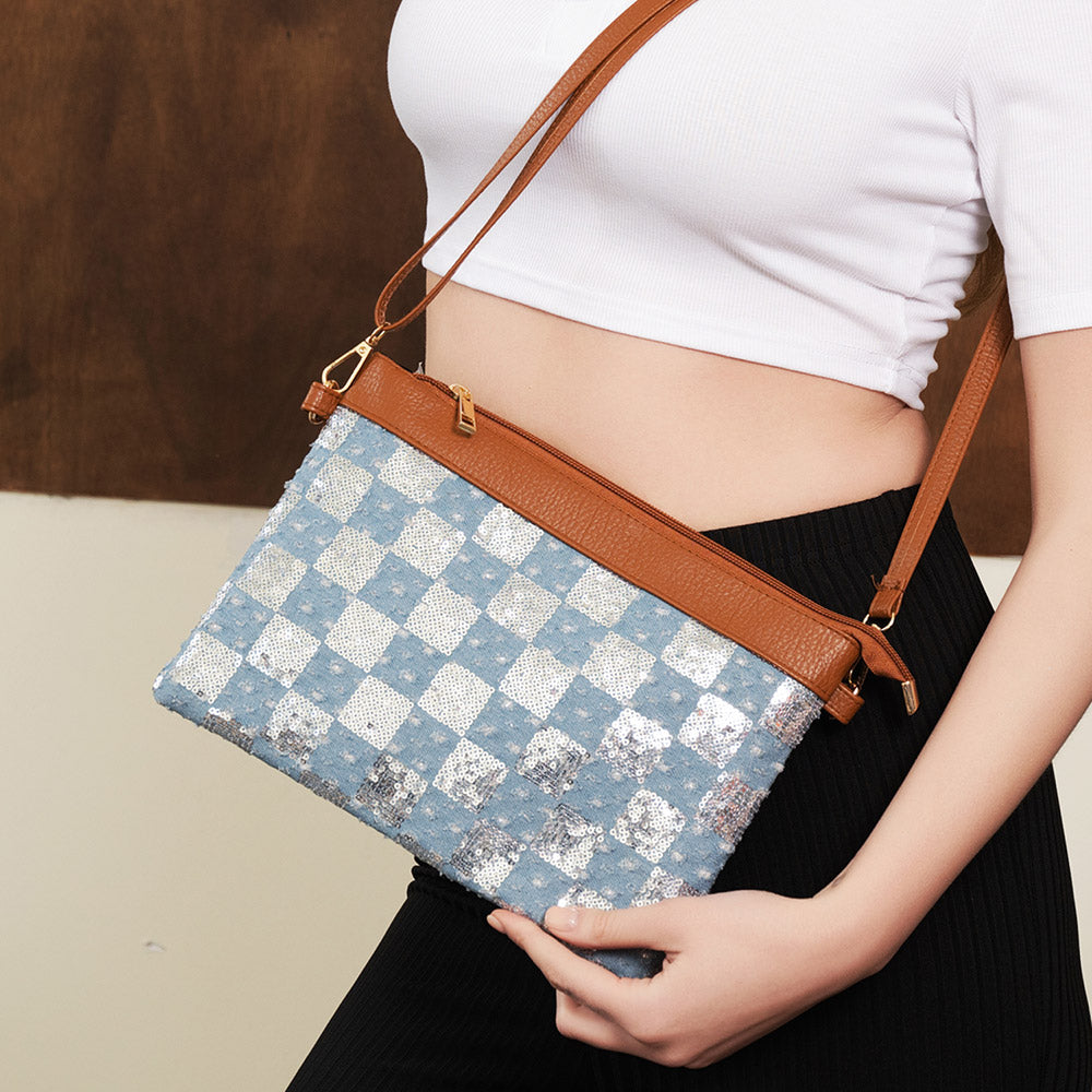 Madeline Love Light Blue Sequin Checkered Flat Crossbody Bag - Bags & Wallets